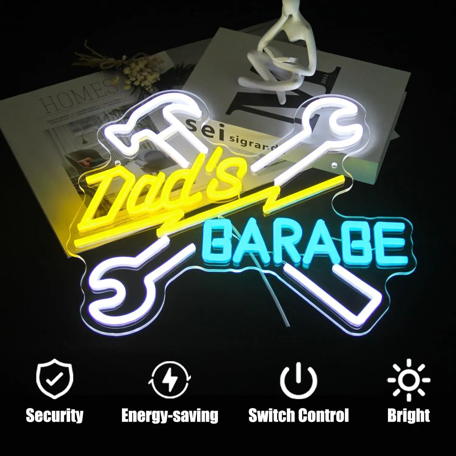 Dad's Garage Neon Sign USB Dimmable LED Light for Man Cave Workshop Auto Repair Shop Home Garage Wall Decor Night Light Gifts