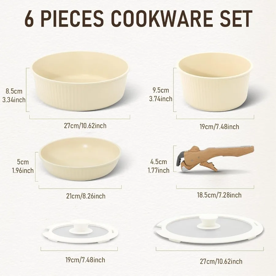 6 Pcs Pots and Pans Set,Nonstick Cookware Set Removable Handles, Induction Compatible, Space-Saving & Dishwasher Safe (Tiramisu)