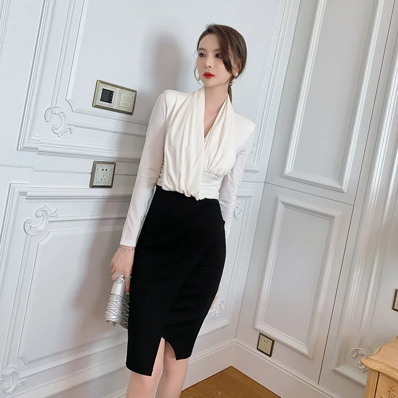 Fall 2022 Ladies Office Wrap Patchwork Sheath Midi Dress Spring High End Women V Neck Bodycon Dress Elegant Women's Vestidos