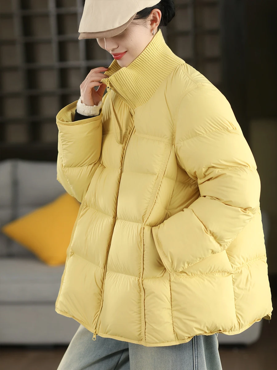 

Thiened Knitted Collar down Jaet Women's Warm Coat Du Feather Puffer Vest Vintage Sle Long Sve Zipper Closure