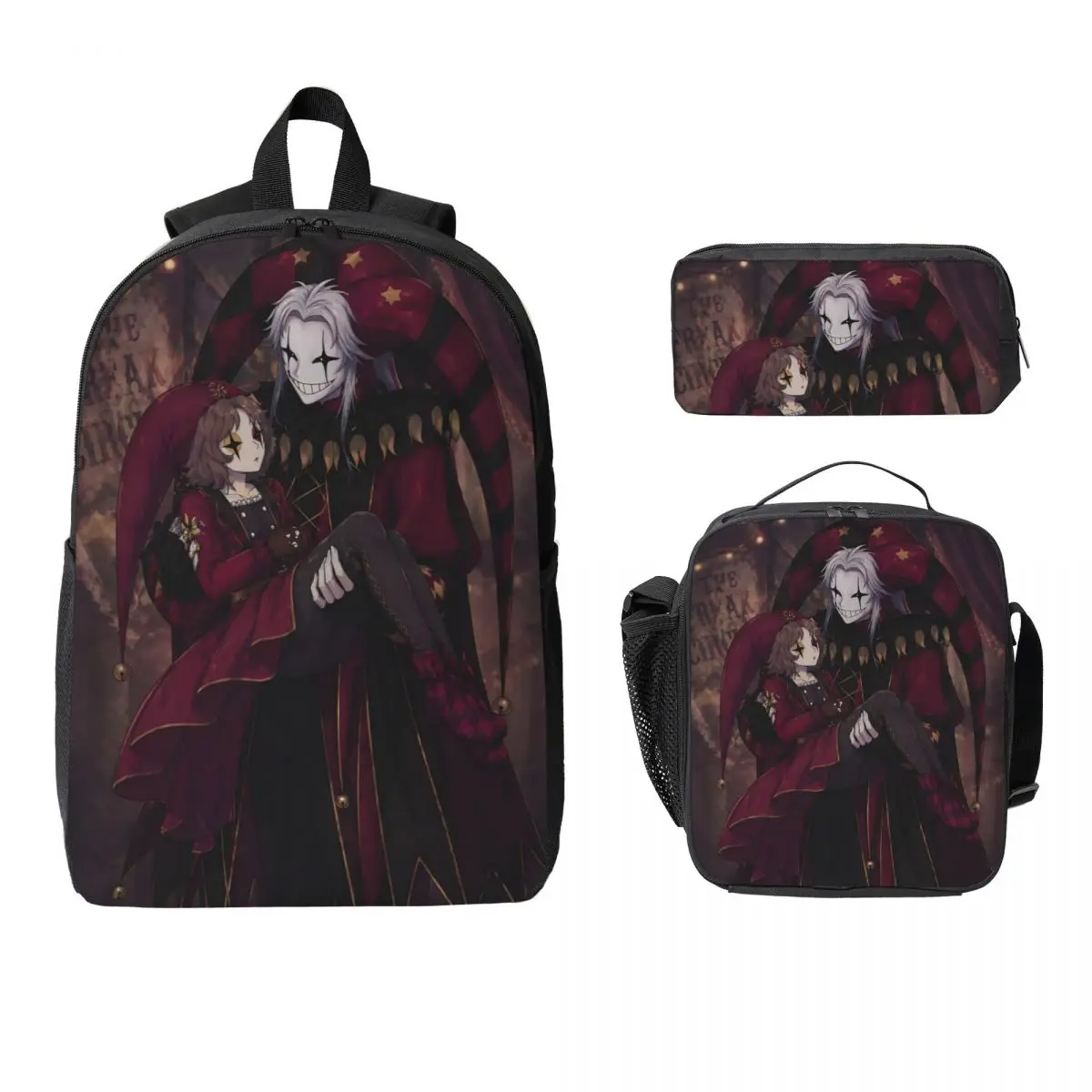 3Pcs Pierrots The Freak Circus School bags Set for Boy Girl Pen Bags Backpack Sets with Lunch Box For School Students Knapsack