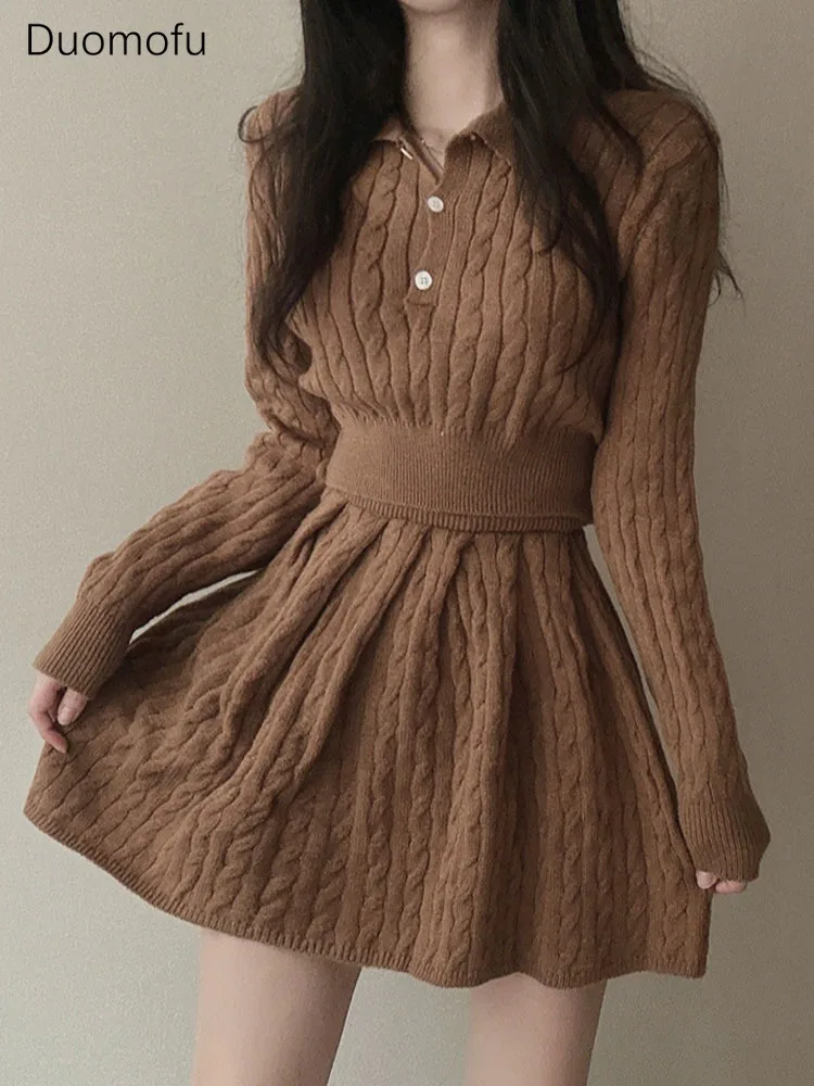 Duomofu Knitted Two Piece Set Women Winter Polo Neck Short Dresses Female Korean Fashion Preppy Style Casual Pleated Skirt Suit