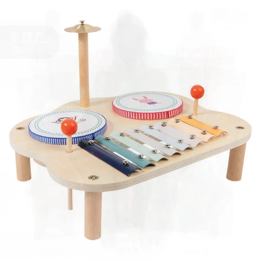 Drewniany stół muzyczny Montessori dla dzieci, wielofunkcyjny, ósemioscienny bęben do uderzania, zabawka dla niemowląt w kolorowej pudełko.