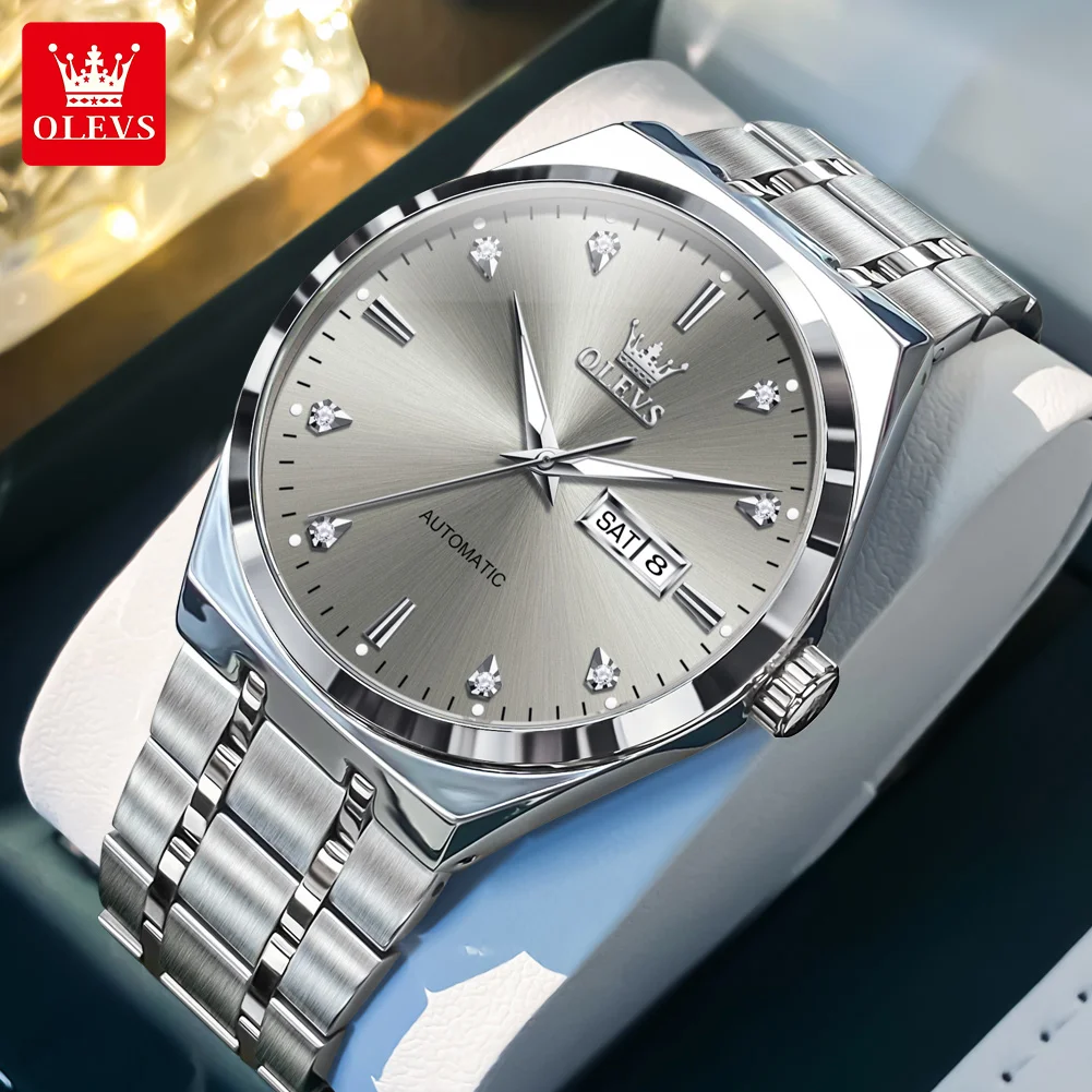 

Часы OLEVS 9811 для мужчин, модные оригинальные механические мужские часы из нержавеющей стали, 30 м, водонепроницаемые, с двойным календарем, автоматические ручные часы