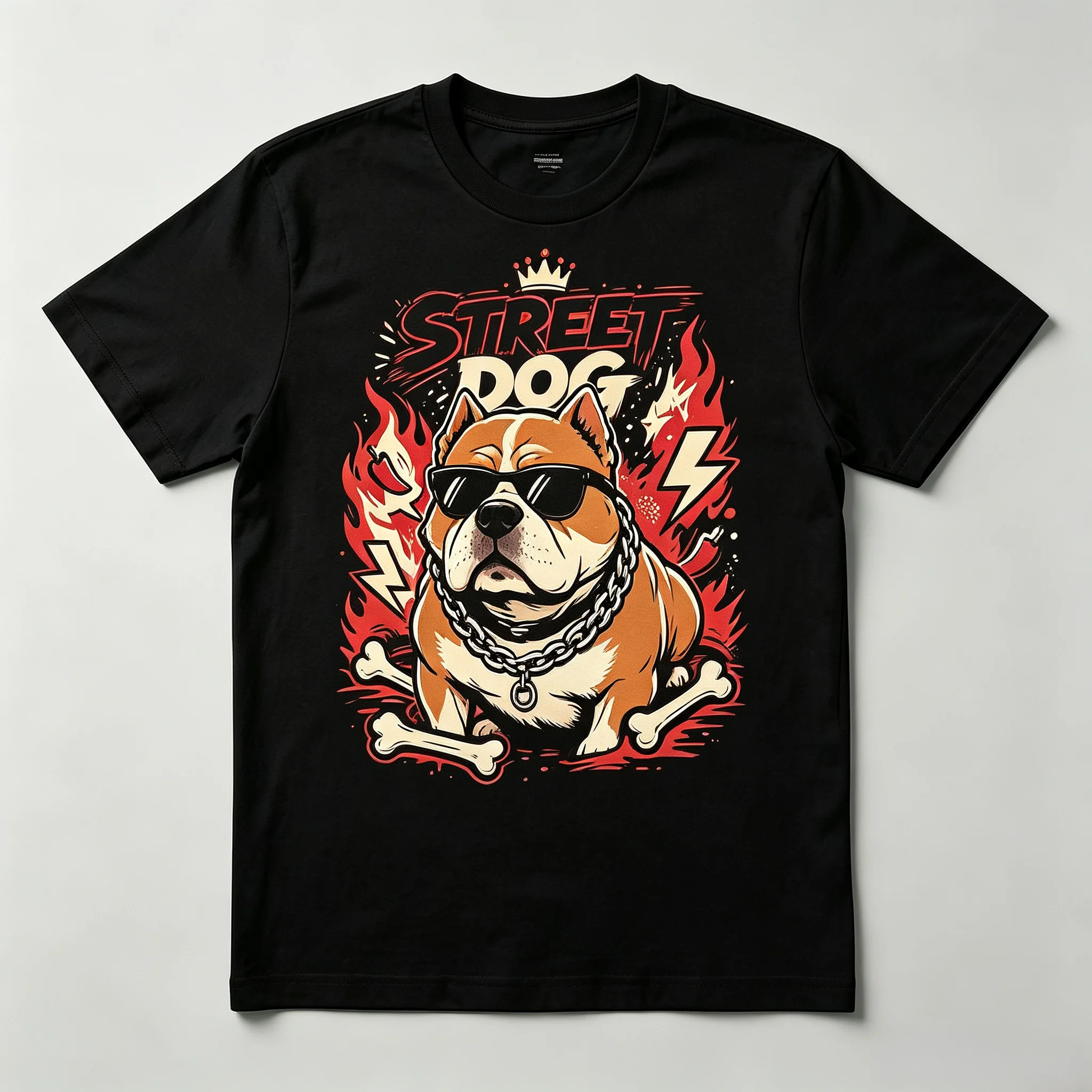 Unisex Street Dog Crown Bully Dog Graphic T‑Shirt Fire Flame Bone Street Graffiti Print Short Sleeve Crewneck Black Cotton Tees Tops For Men Women Pet Lover Gift