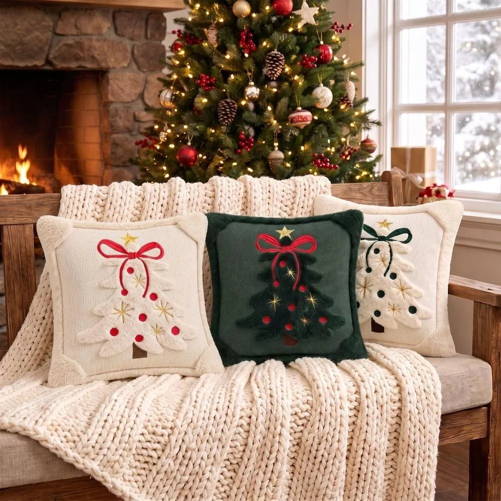 Christmas Tree Bow Pillow Covers Soft Velvet Plush Embroidered Cushion Covers Home Christmas Decor Pillow Cases for Sofa Bed