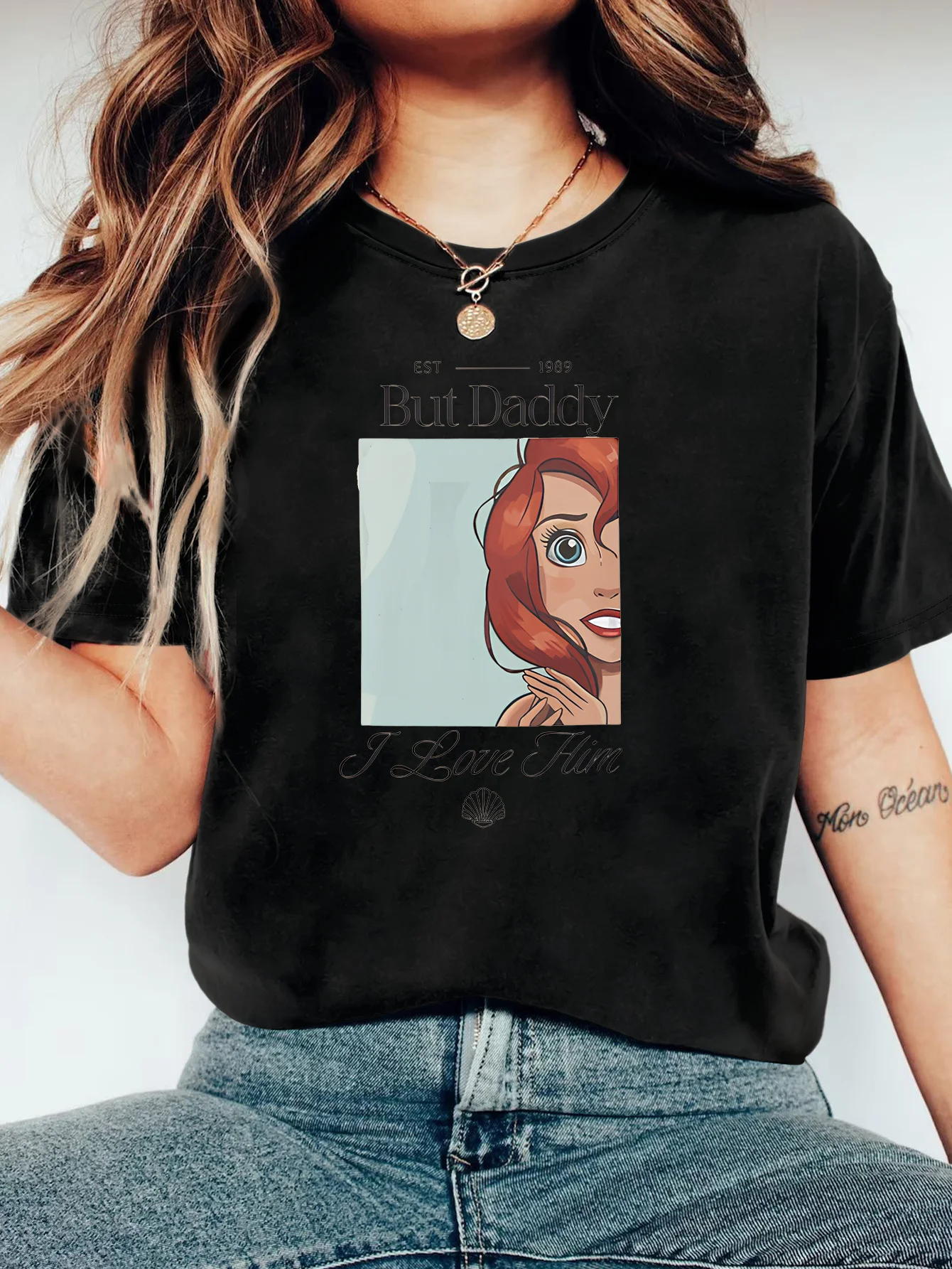 Little Mermaid "But Daddy" Graphic Women's Casual Tee - Red Anime-Inspired Design, Soft Polyester Blend, Machine Washable