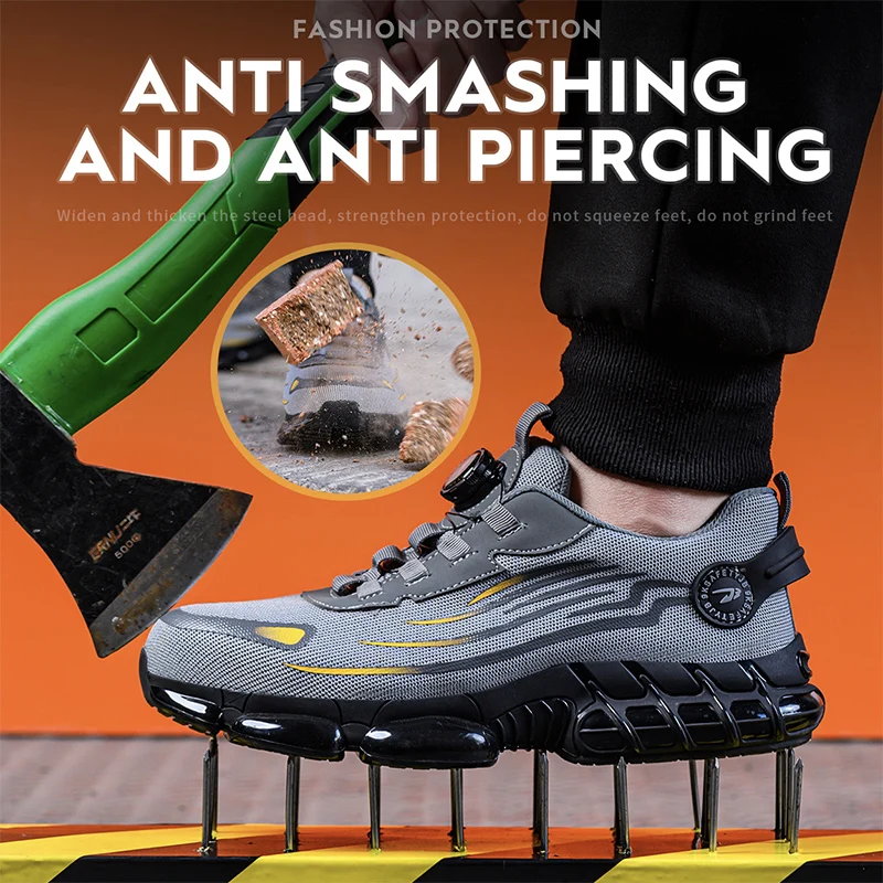 ปุ่มหมุนรองเท้าเพื่อความปลอดภัยใหม่ผู้ชาย Anti-Smash Anti-puncture รองเท้าทํางานแฟชั่นผู้ชายกีฬารองเท้าป้องกันความปลอดภัยรองเท้าผู้ชาย