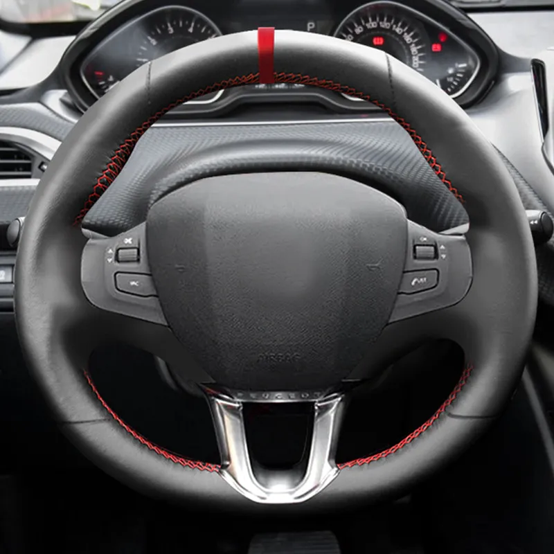 Car Interior Steering Wheel Cover Soft Microfiber Leather Trim Accessories For Peugeot 208 2008 2014 2015 2016 2017 2018 Red bar