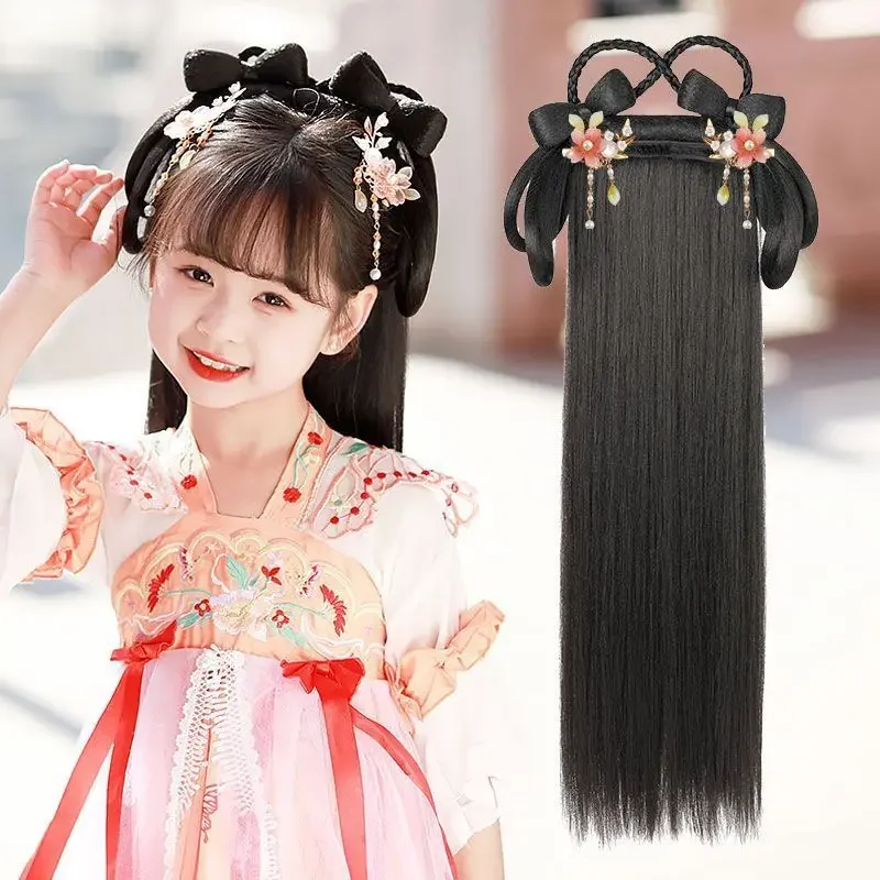 

Детские парики Hanfu для косплея, древние китайские парики Hanfu для девочек, детский цельный ленивый черный парик с длинными волосами, повязка на голову для девочек