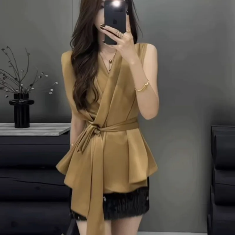 New Summer Slim Sleeveless Shirt Women Fashion V-neck Cross Lace Up Solid Color Thin Temperament Elegant Office Lady Top