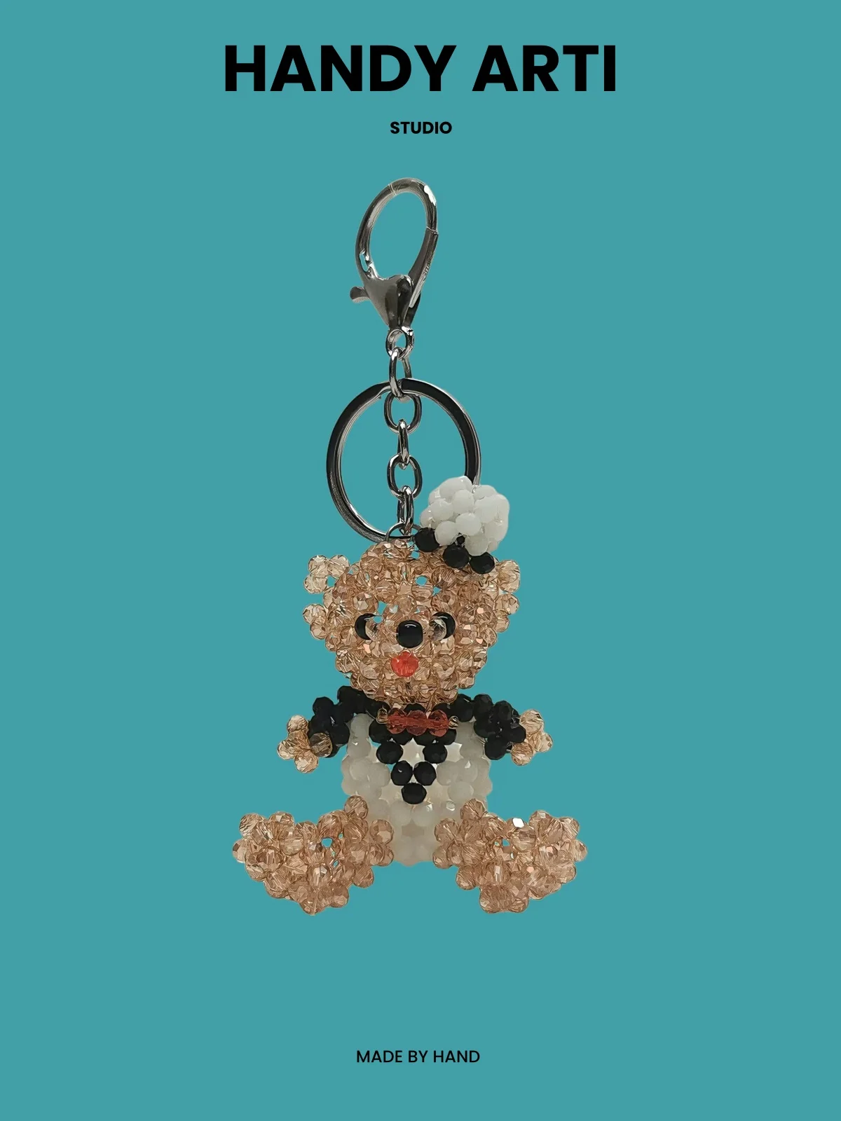 HANDY ARTI Handmade Crystal Beads Cute Teddy Bear Key Chains Couple Bag Pendant Metal Key Ring For Boy Girl Friend Birthday Gift