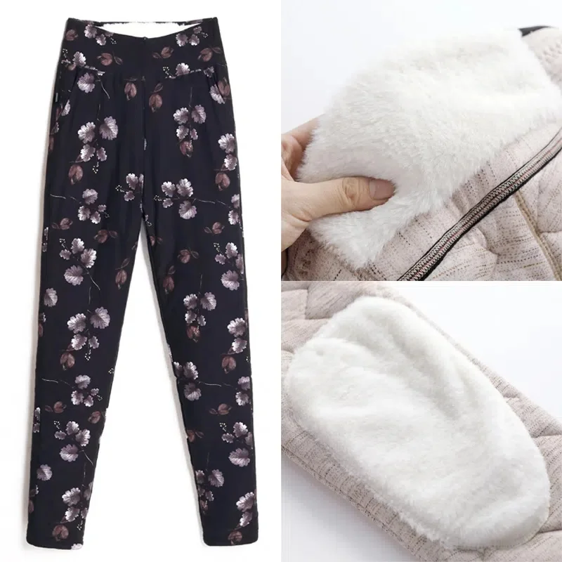 Middle-aged Elderly Women Cotton Trousers New Printed Winter Camel Hair Warm Cotton Pants Casual Stretch Mom Pants Leggings 5XL