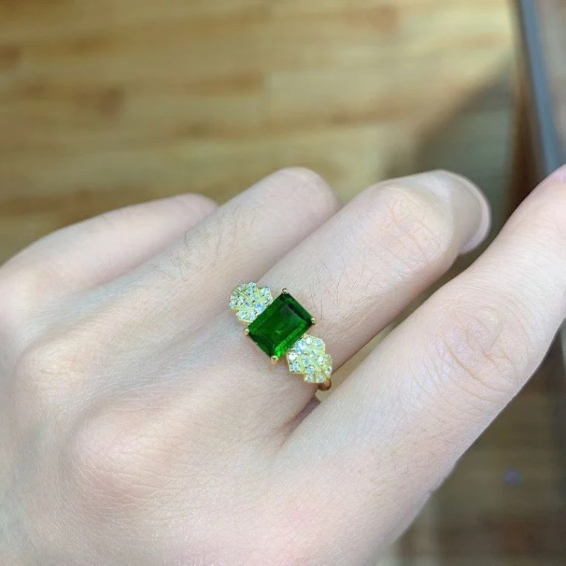 Attractive 925 Silver Gemstone Rings Natural Chrome Diopside Ring 6mm*8mm 1.2ct Genuine Diopside Silver Jewelry with Certificate