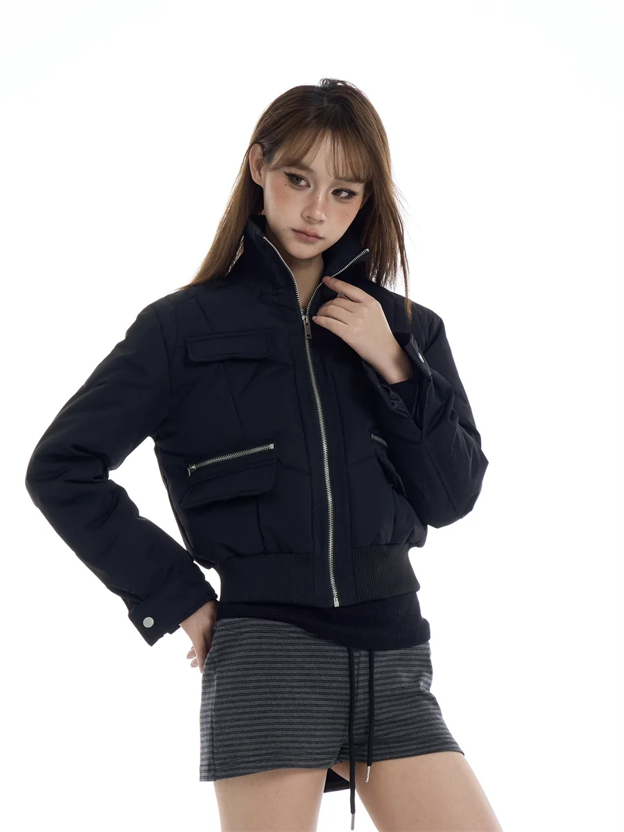 Slim Fit Cotton Jacket Women's Zipper Multi-Pocket Waist Cinched Short Style Streetwear Pure Color Long Sleeve Stand Collar