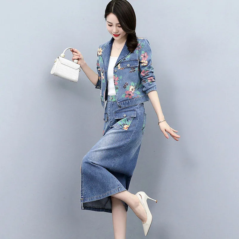 Fashion Denim Long-sleeved Suit Skirt Women's Spring New Korean Version Of the Slim Print Mid-length Skirt Casual Two-piece Tide
