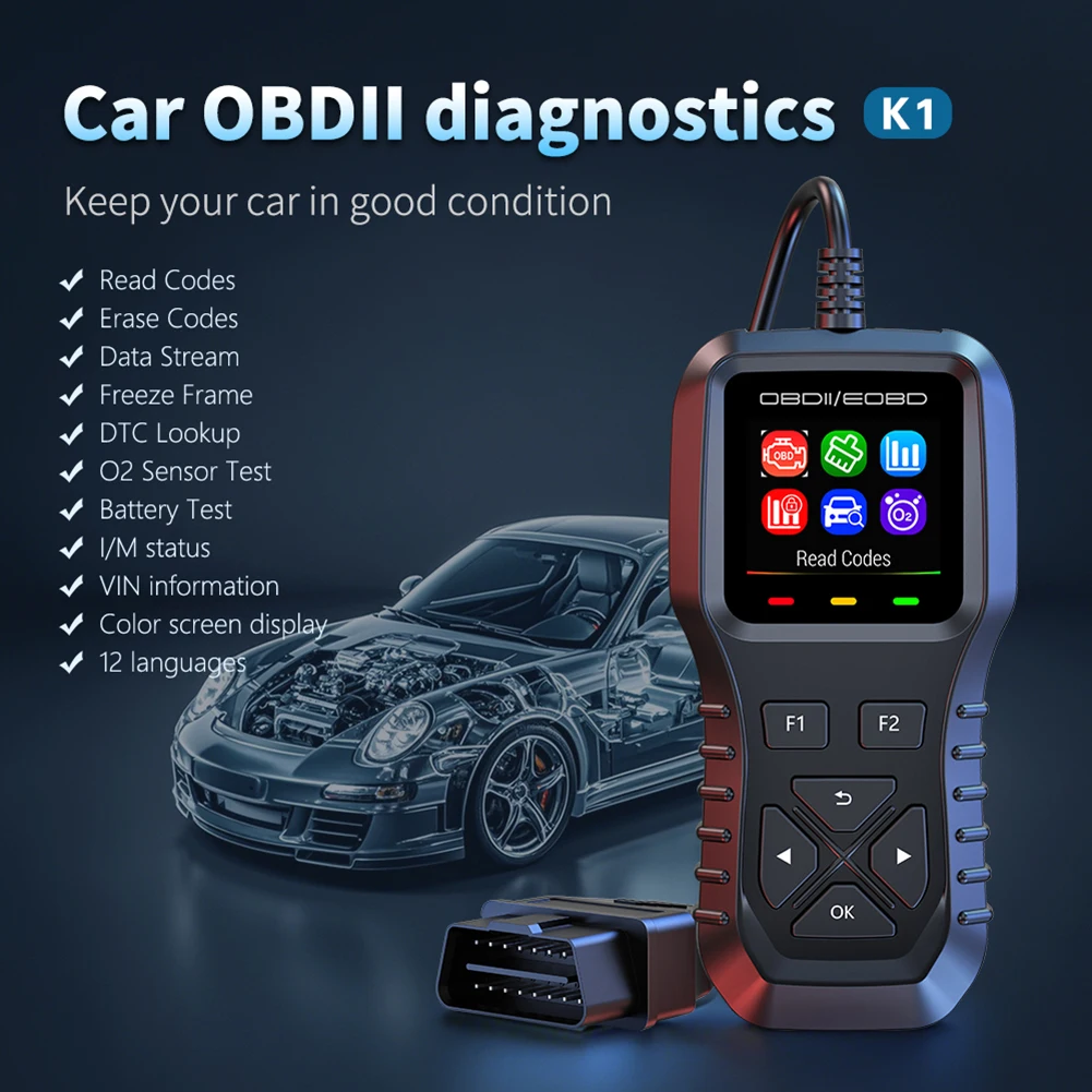 

Auto OBD2 Scanner Diagnostic Tool with Code Reading Clear Code Data Stream 12 Languages Oxygen Sensor Test K1 Troubleshooting
