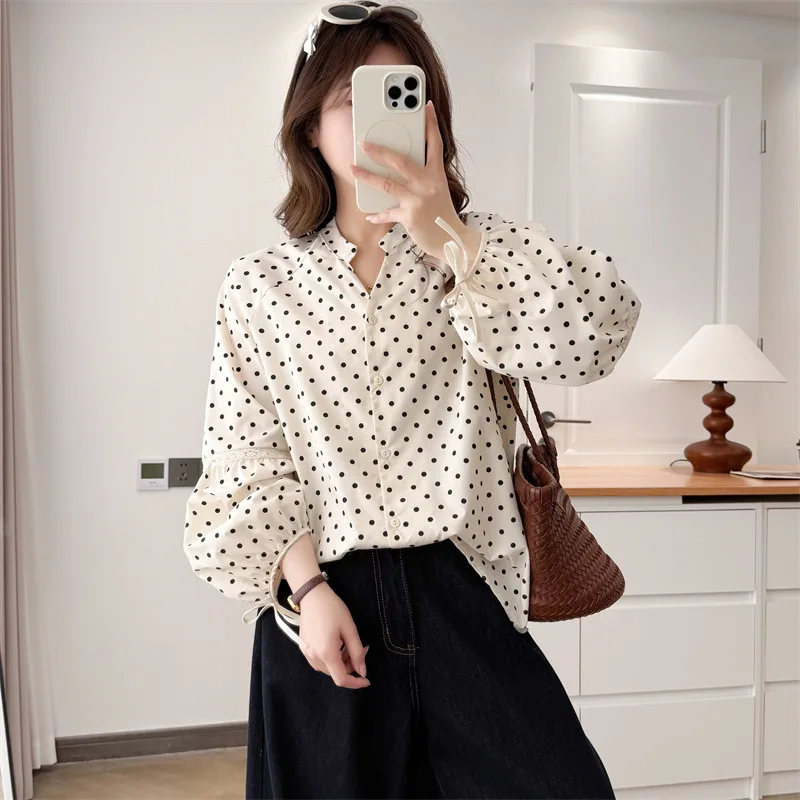 Women Plus Size Polka Dot Long Sleeve Shirt 2026 Spring V-Neck Lace Up Elegant Blouse Curvy Ladies Casual Top 780 view 2