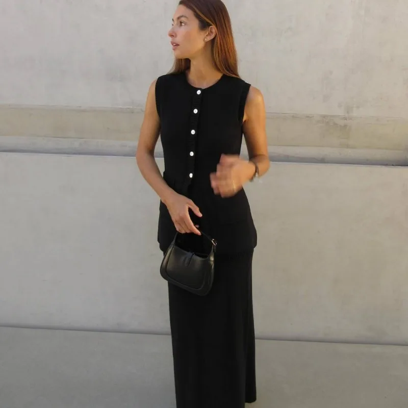 2024 Summer Autumn Knitted Slim Casual Elegant 2 Piece Set Women Sleeveless Single Breasted Top High Split Long Skirt Streetwear
