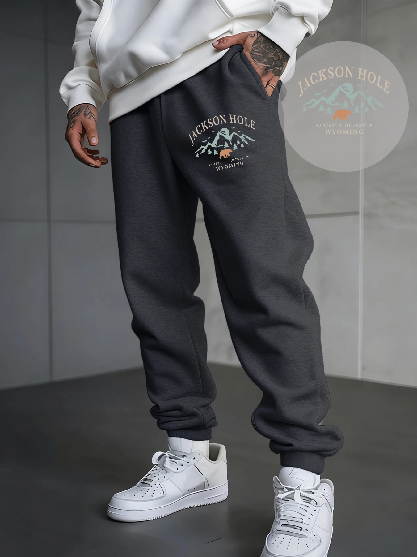 

Hole Mountain Creative Print Mens Sweatpants Pocket Fashion Trousers Fleece Drawstring Long Pant Autumn Hip Hop Jogging Pants