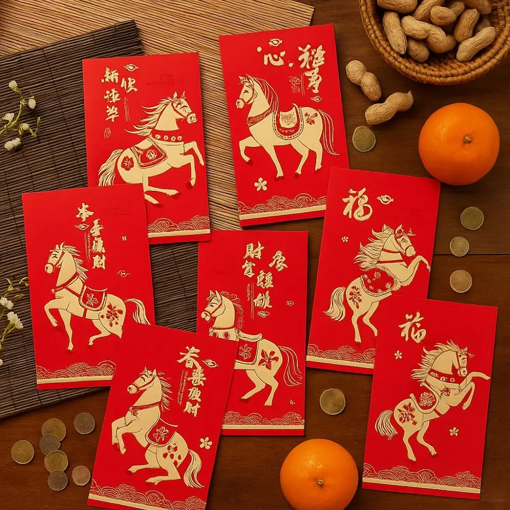 

6pcs Gold Stamping 2026 New Year Red Envelope Blessing Paper Horse Year Money Envelope Traditional Gift Bags Festival Decoration