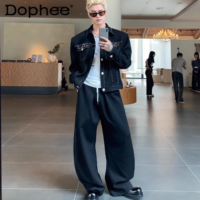 

2025 мужские осенние новые высококачественные комплекты из двух предметов, индивидуальные украшения на булавке, джинсовые куртки, комплекты из изогнутых джинсов, мужские шикарные красивые комплекты из 2 предметов