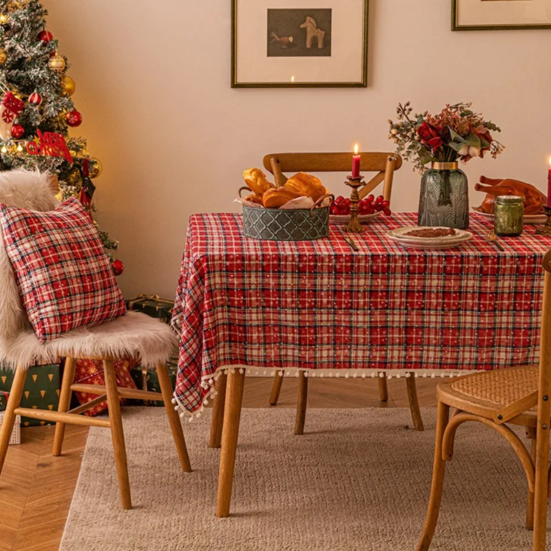 Christmas Snow Globe Tablecloth, Plaid Print, Coffee Table, Dresser Cover Cloth, New Year Decoration