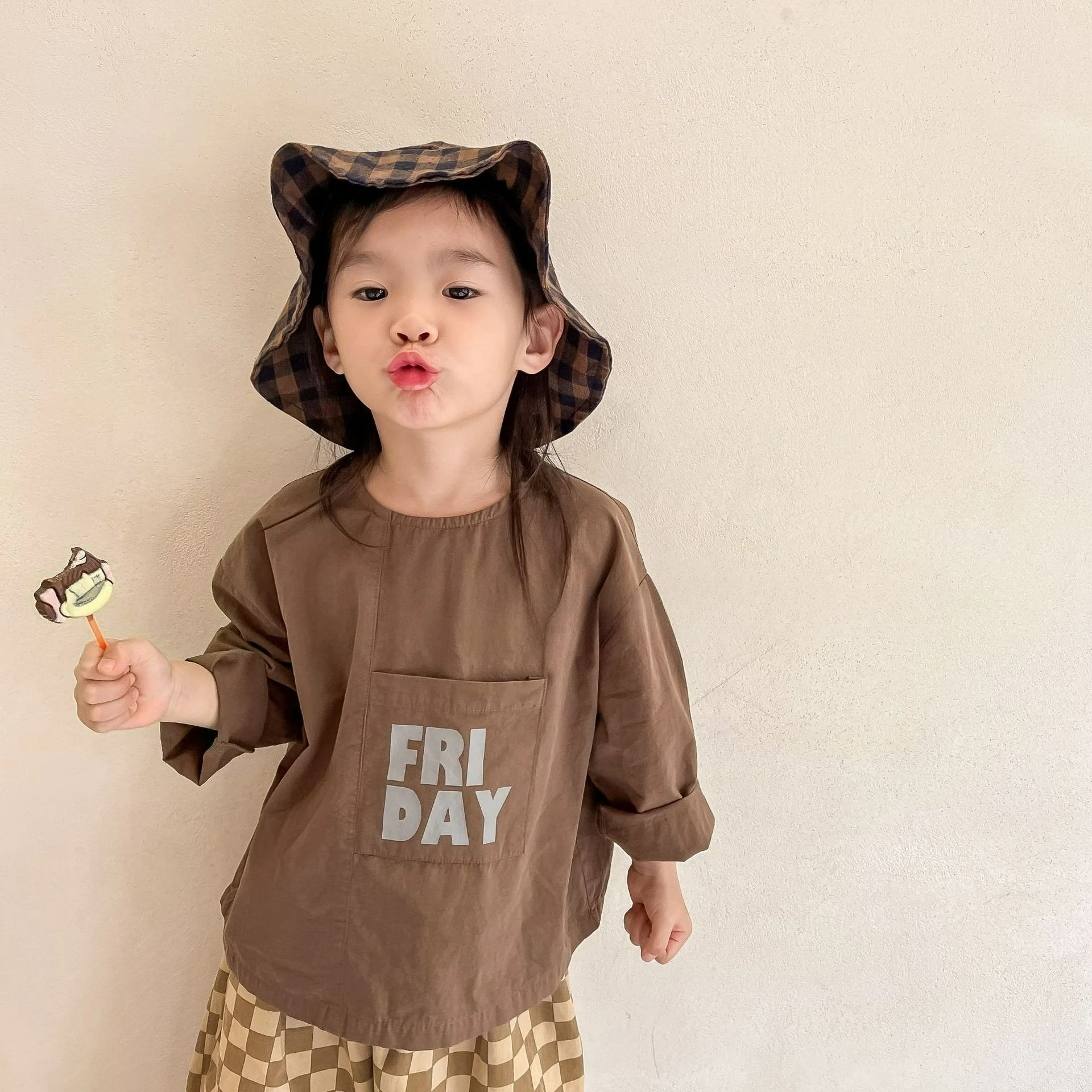 2025 Spring Autumn Children's Clothing New Girl's Long Sleeves Shirt Japanese and Korean Hemp Cotton Letter Printed Pocket Shirt