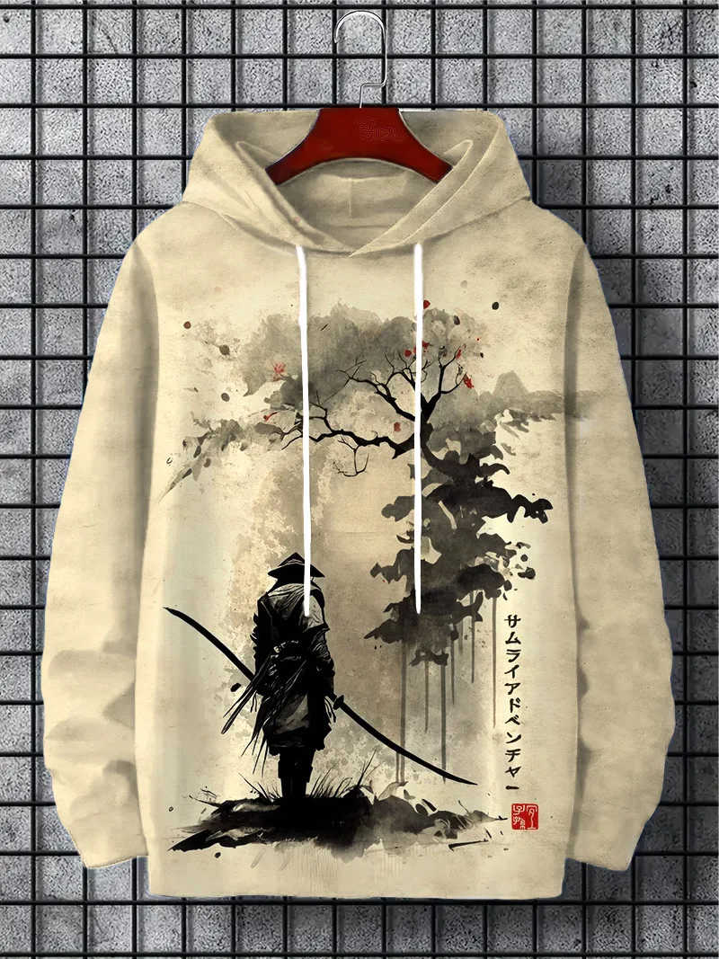 Samurai Men\'s Hoodie Print Y2k Sweatshirt Harajuku Hooded Shirt Pullover Casual Oversized Long Sleeve Sport Top Men\'s Clothing