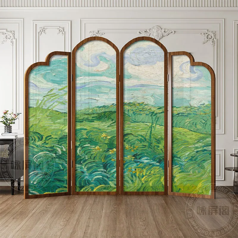 French medieval grassland solid wood foldable screen partition guest dining room bedroom decorative sofa background wall folding