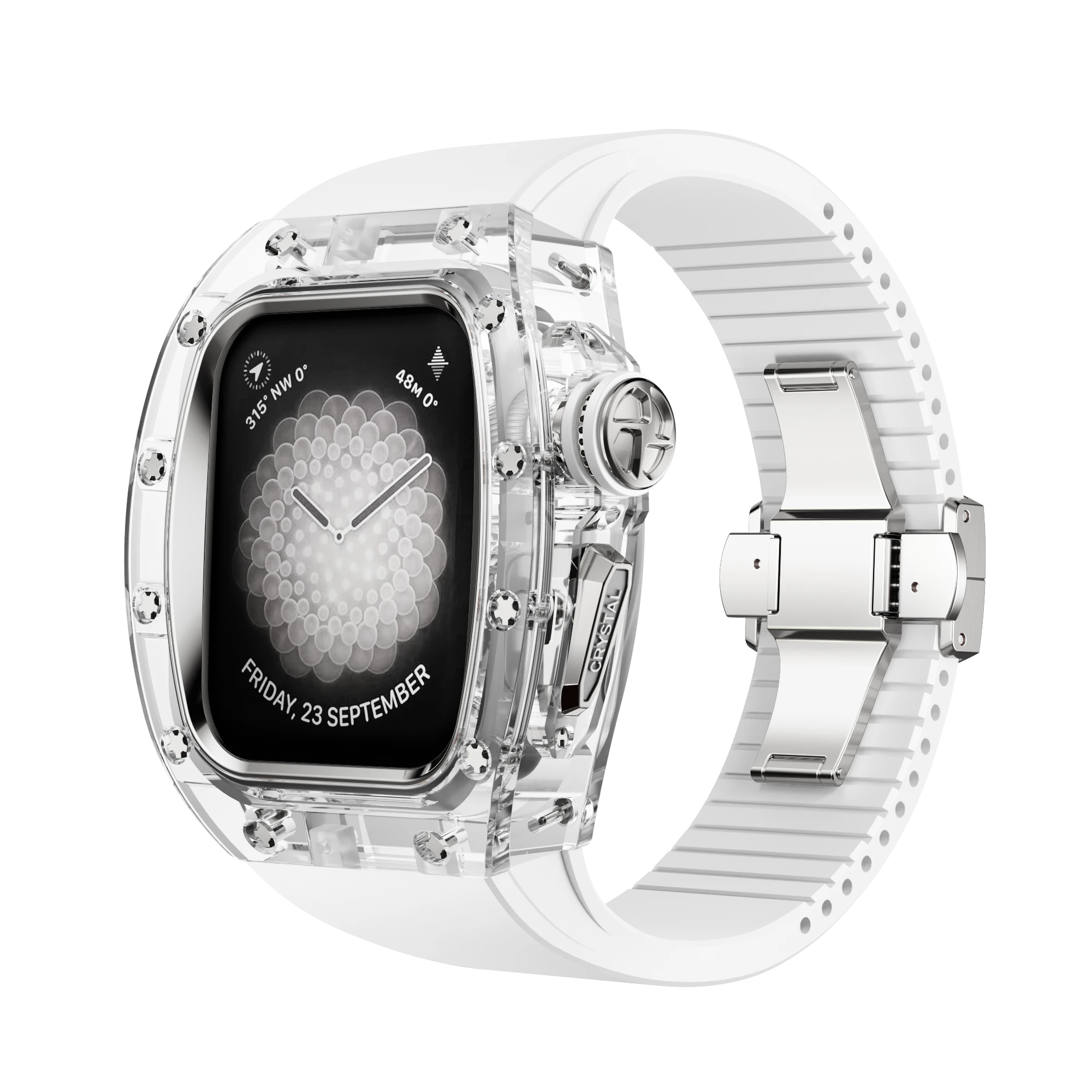 Fashion Retrofit Case Viton Strap Crystal Mod Kit for Apple Watch 44mm 45mm Luxury  iWatch Series 9 8 7 6 5 4 SE white band