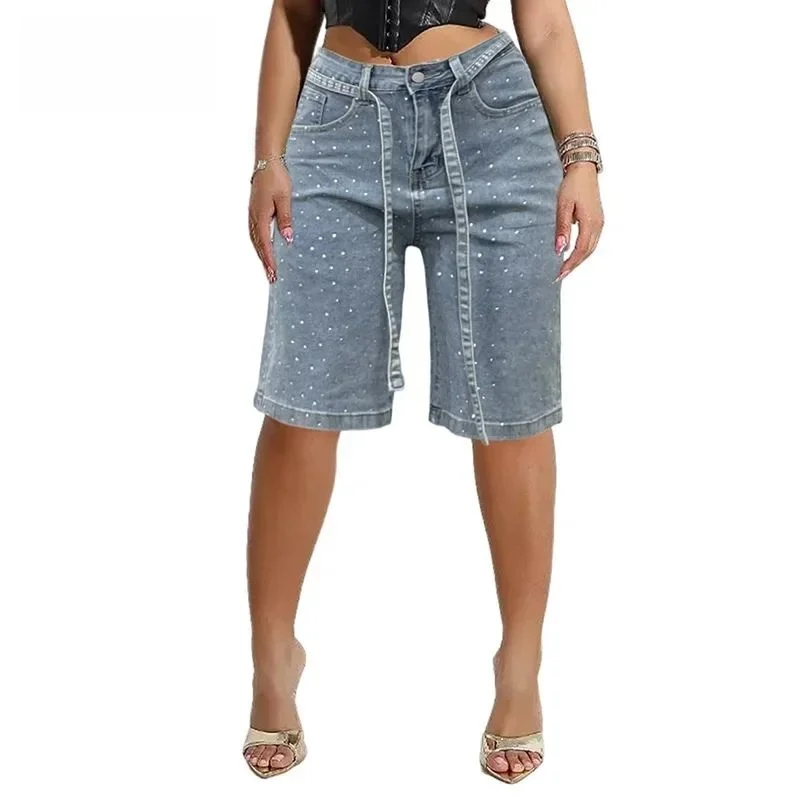 

Сексуальные джинсовые шорты Stigende со стразами для женщин, с широким эластичным поясом из ПУ-ткани, джинсы с высокой талией