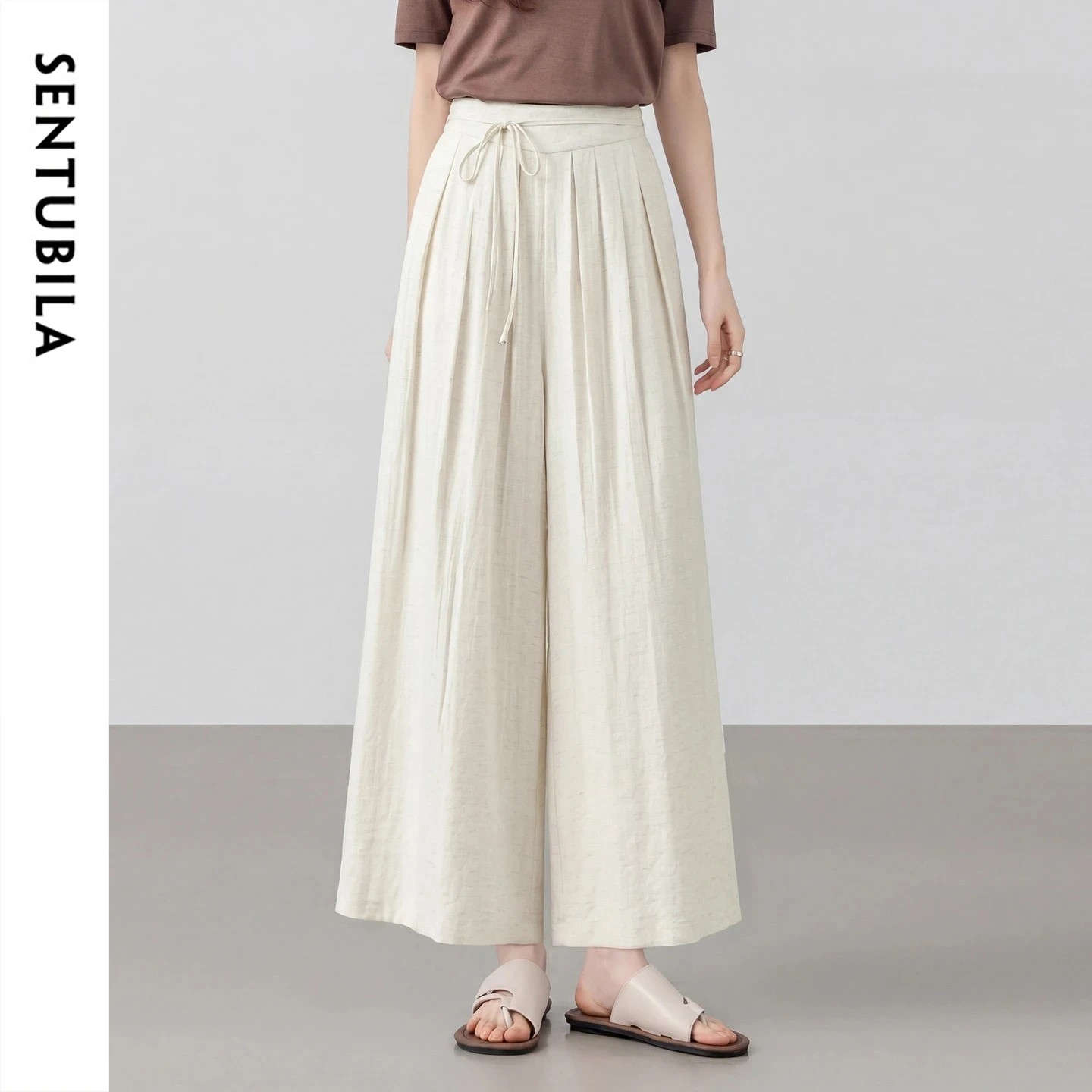 SENTUBILA Simple Commute Pleated Cropped Wide Leg Pants 2026 Summer Tie Drawstring Waist Loose Women's Casual Bottom 162KD5746