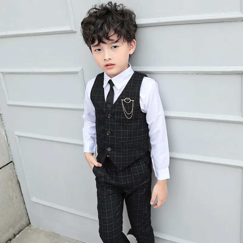 Conjunto de ropa de boda para niños, Blazer, chaleco a cuadros, traje Formal para niños pequeños, broche, camisa, pantalón, traje para caballeros