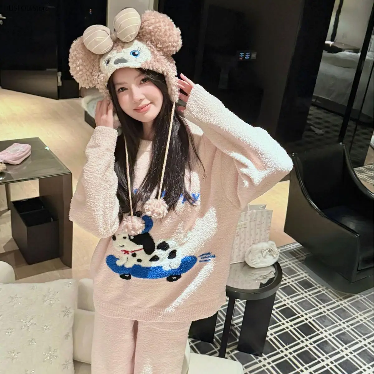 Women Autumn Winter Popular Half Sided Fleece Pajama Set Elegant Cute Dog Embroidery Soft Warm Casual Loungewear Sleepwear