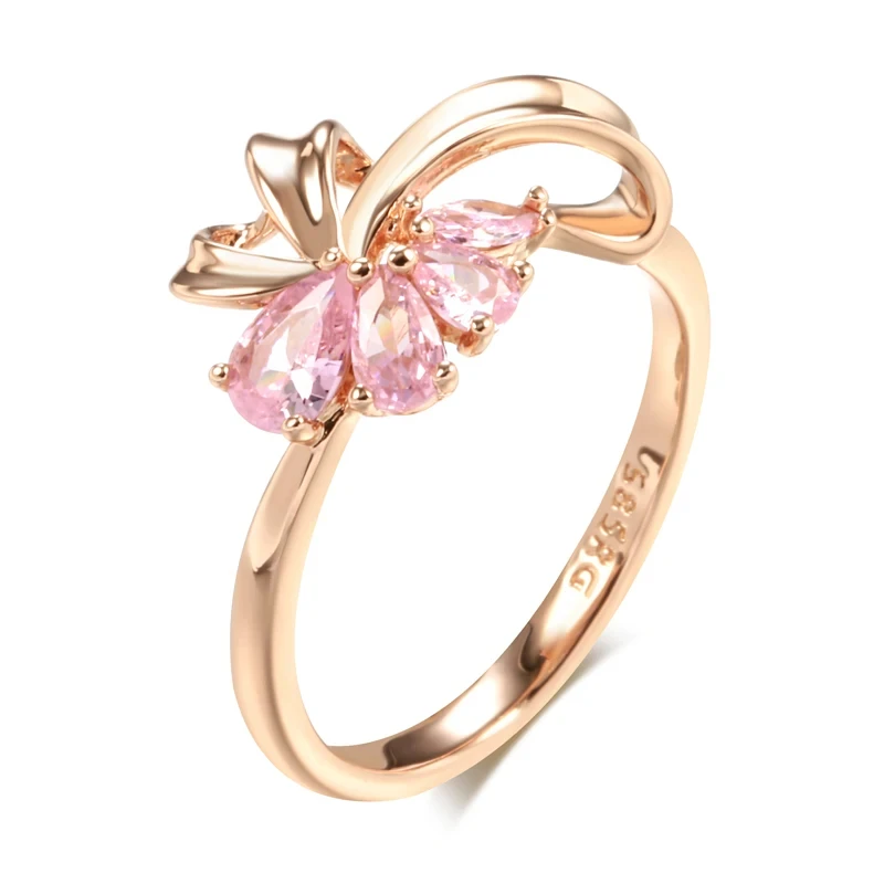 Wbmqda Rote Granat-Blütenringe für Damen 585 Roségoldfarben Mode Hochzeit Party Zirkon Schmuck Accessoires