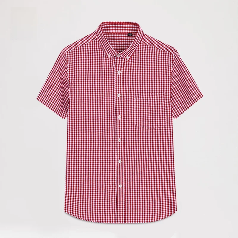 

Летняя тонкая хлопковая рубашка в клетку для мужчин, с коротким рукавом, повседневная, на пуговицах, молодежная, модная, для ежедневной носки, красная, маленький размер