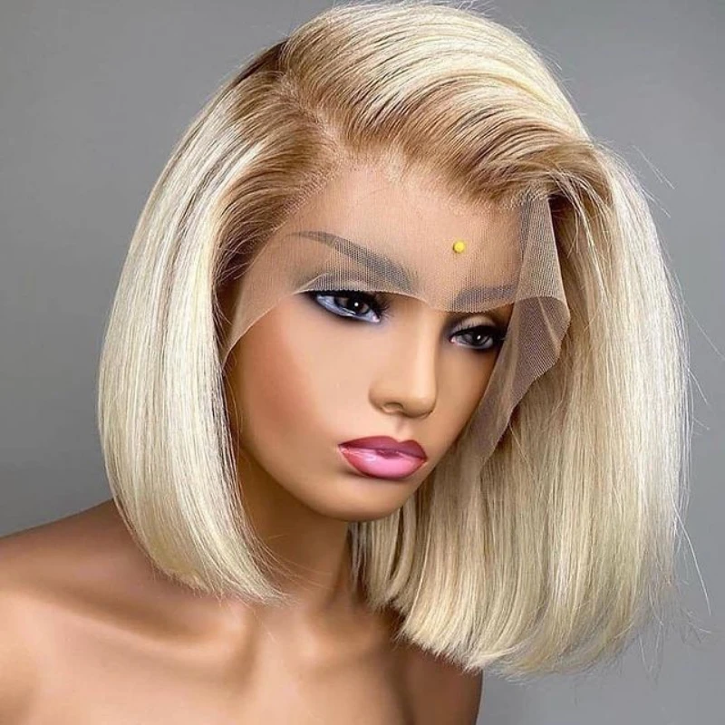 

Short Bob Glueless 180Density Ombre Blonde 613 Straight Lace Front Wig For Black Women Babyhair Preplucked Heat Resistant Daily