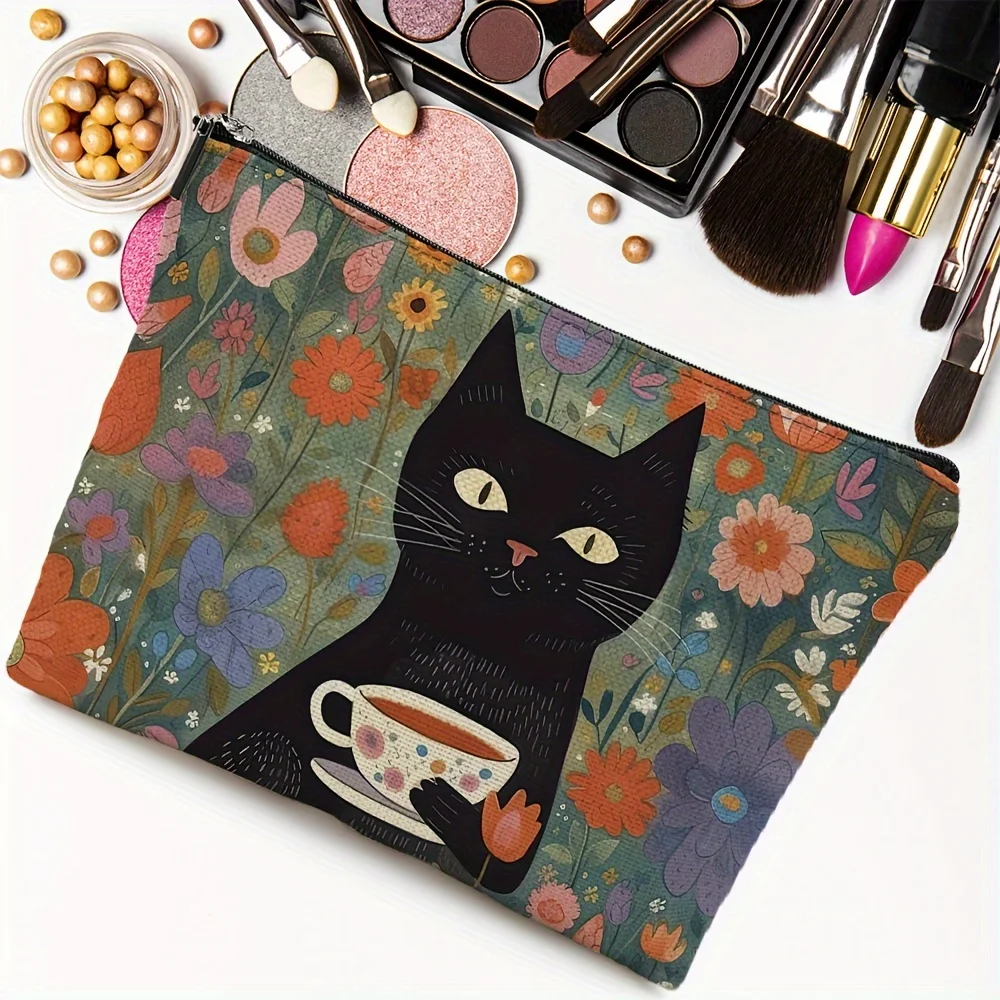 1pc Adorable Flowers and Coffee Cat Printing Cosmetic Bag Foldable Lightweight Zipper Closure Makeup Bag for Women and Girls