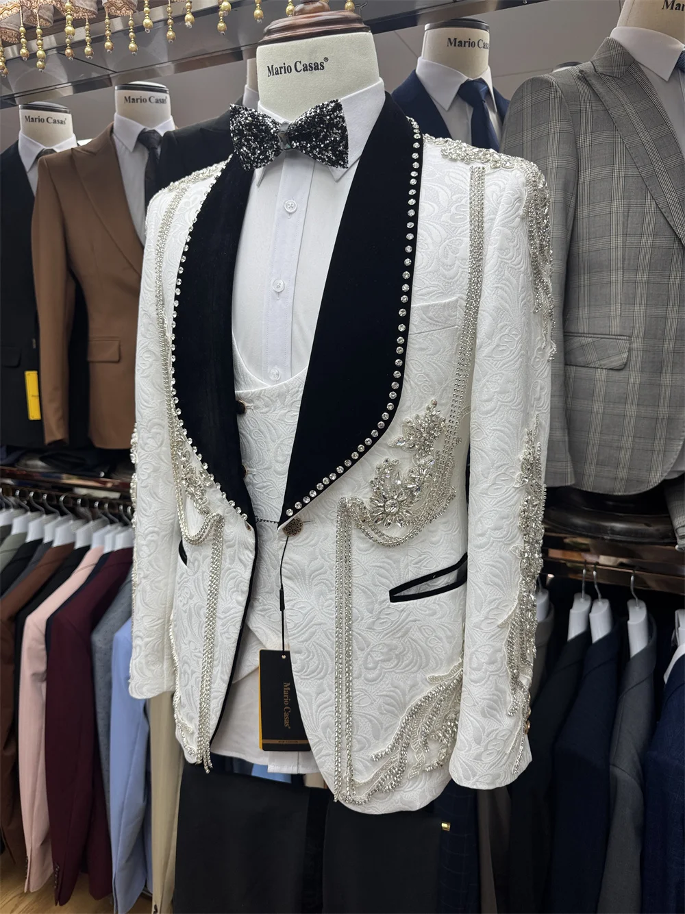 

Crystals White Men Suit Set 2 Pieces Cotton Blazer+Black Pants Trousers Formal Office Groom Wedding Tuxedo Customized Jacket