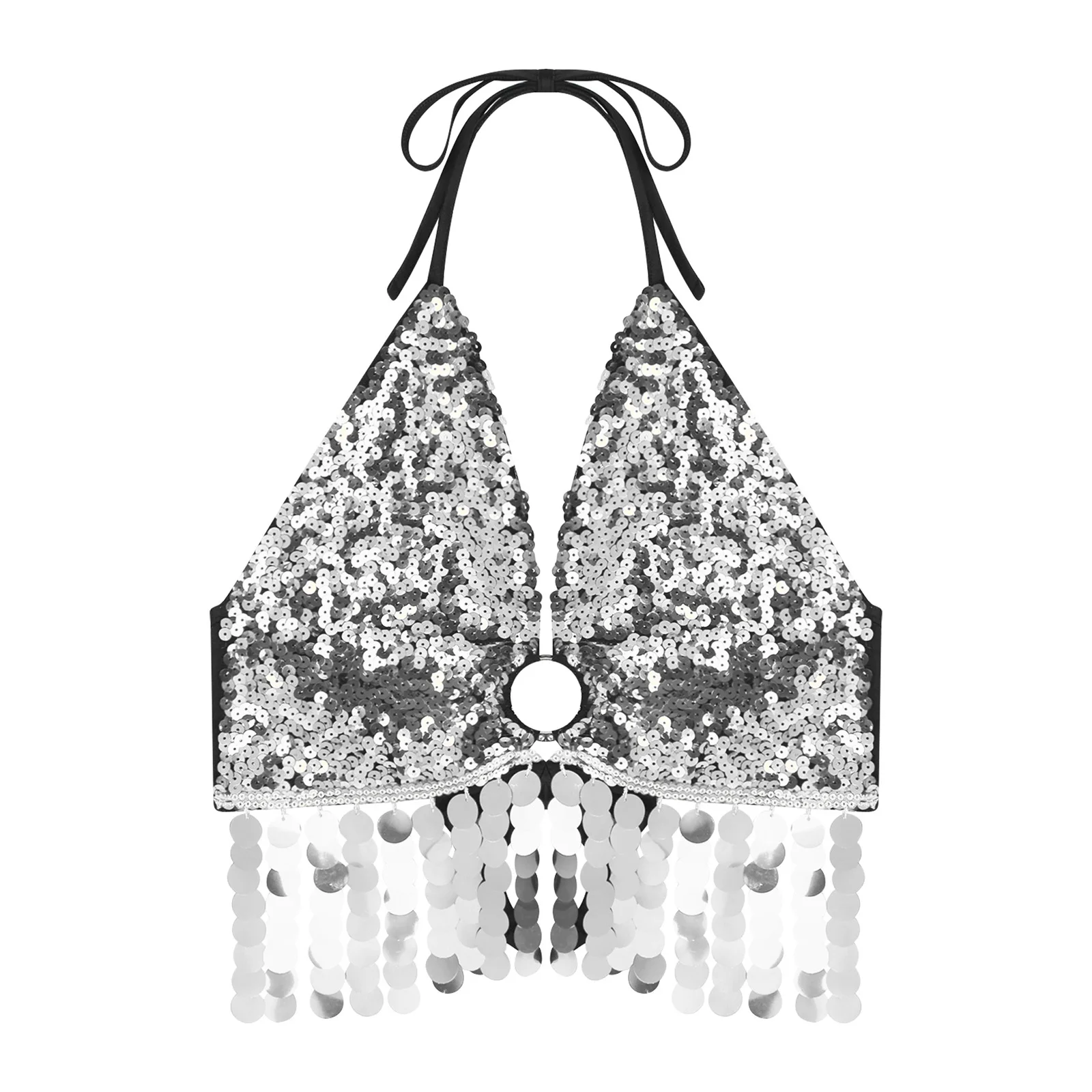 

Women Sissy Sparkling Belly Dance Bra Tops Halter Backless Lace-up Tassel Crop Top for Belly Dance Stage Performance Crop Tops