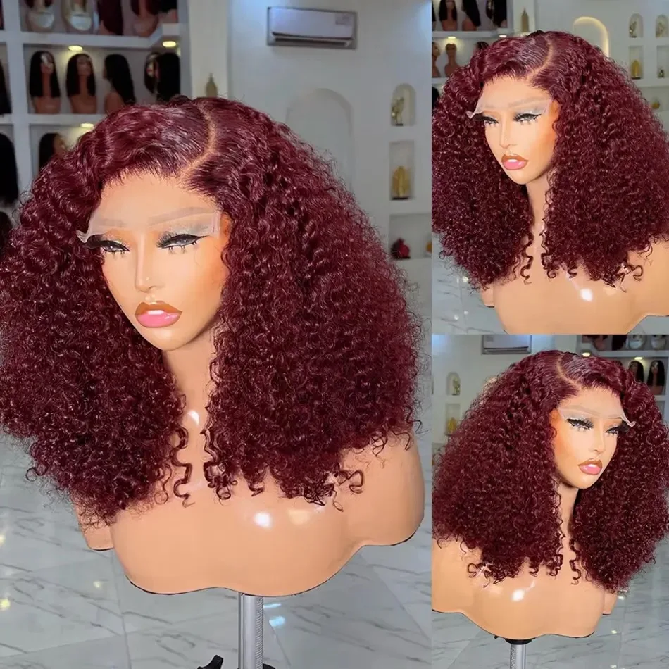 Water Wave Short Bob Cut 99J Red Burgundy Color 13X4 Lace Front Synthetic Wig For Black Women Prepluck Hairline Cosplay Daily