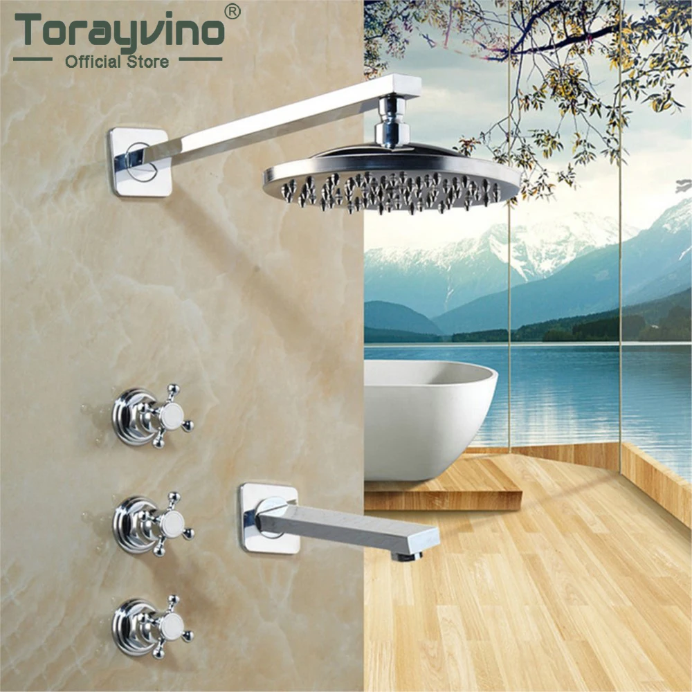 

Torayvino Chrome Bathroom Shower Faucet Wall Mounted Round Square & Rainfall Shower Faucets Head Water Mixer Shower Tap Set