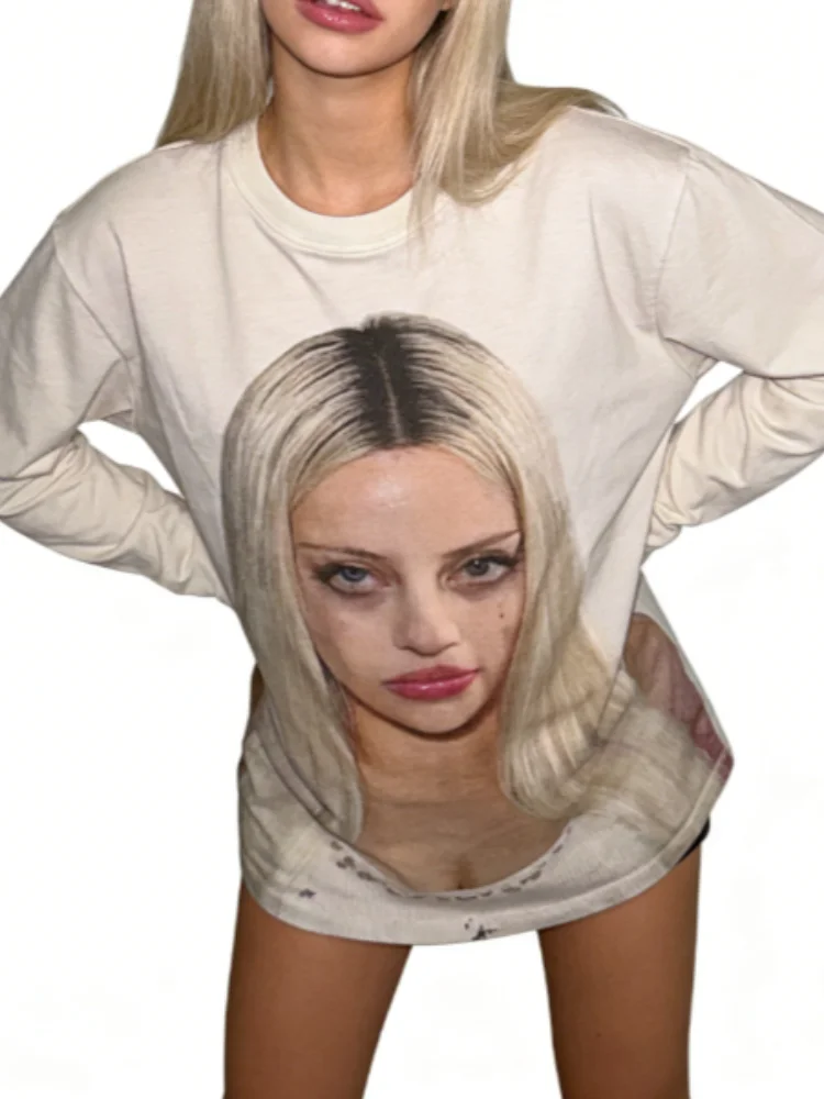 Graphic Print Long Sleeve Tee Women Oversized Crewneck T-Shirt Vintage Washed Distressed Detail Y2K Grunge Aesthetic Streetwear