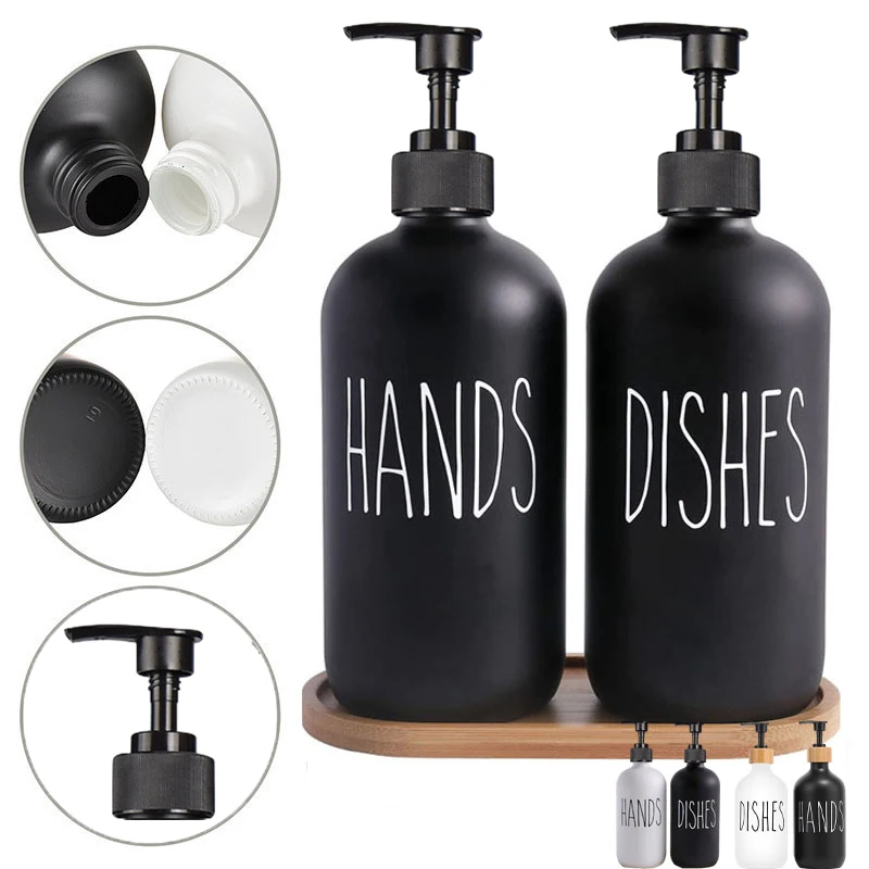 Set Plastic Home Kitchen Dish Soap Dispenser Bathroom Shampoo Lotions 500ml Lotions Empty Bottles Wooden Tray