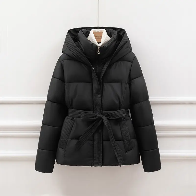 High End Down Cotton Jacket for Women Winter 2026 Fashion Slim Thicken Hooded Bread Coat Female Warm Parka Overcoat With Belt
