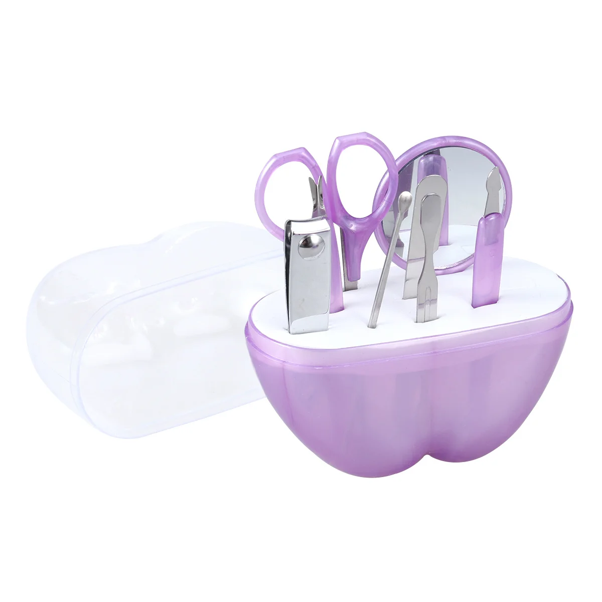 8-in-1 Professionelles Nagel-Maniküre-Set in Apfelform, durchsichtige Aufbewahrungsbox, Edelstahl-Haarschneidemaschine, Schere, Pinzette, Spiegel, Reisen