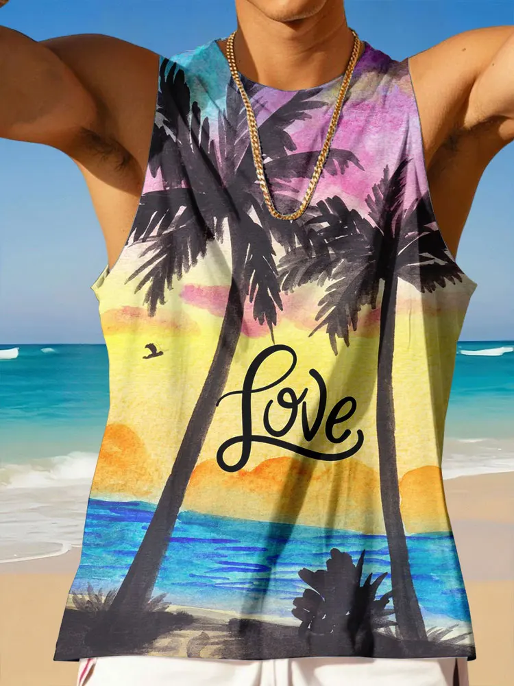 

New Men's Crew Neck Tank Top With Hawaiian Printed Summer Casual Everyday Sleeveless Top For MenOutdoor Beach Fashion Tank Tops