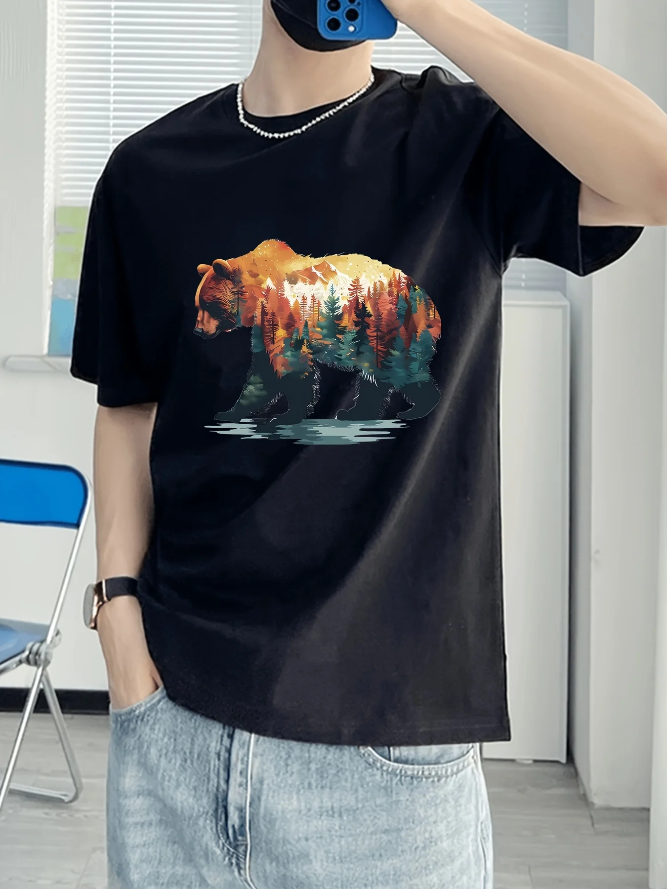 Scenic Bear Silhouette Tee with Autumn Forest and Mountain Landscape Print 100% Cotton Men's T-shirt Summer Casual Wear