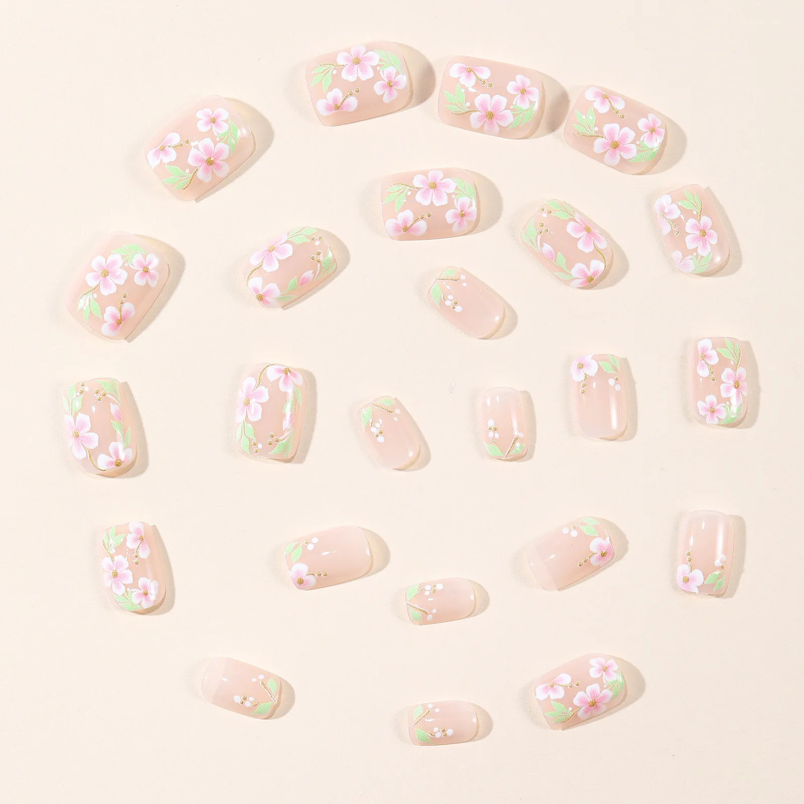 Short Medium fake nails for women girl Spring summer flowers with green leaf golden crystal rhinestones full cover press on nail view 2